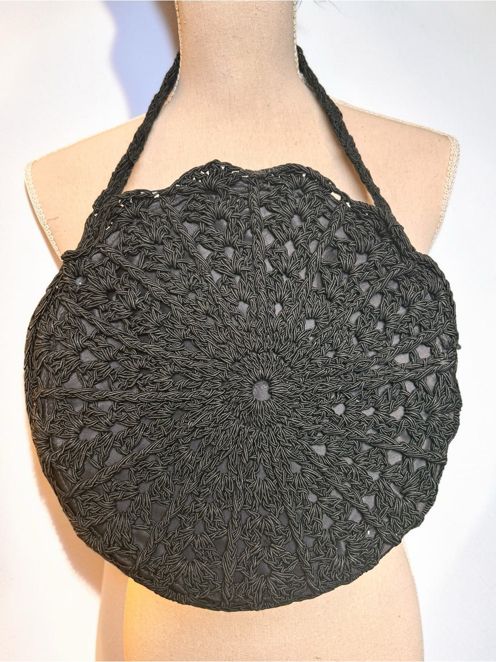 Vintage 1940s round black crochet handbag, intricate mandala-style pattern RARE